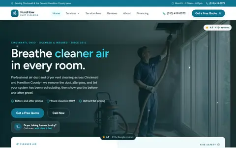 Air Duct & Dryer Vent Cleaning website example - PureFlow Duct Cleaning demo site, home page