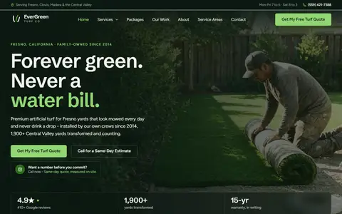 Artificial Turf Installation website example - EverGreen Turf Co. demo site, home page