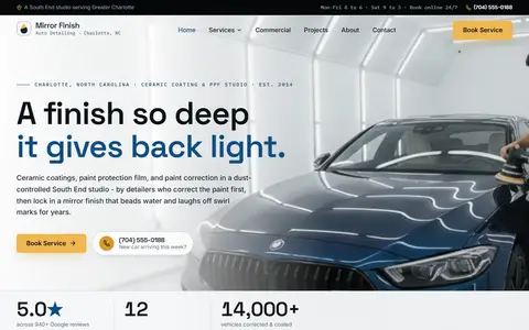 Auto Detailing (Ceramic & PPF) website example - Mirror Finish Auto Detailing demo site, home page