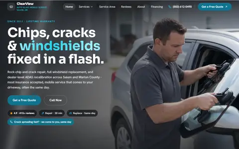 Auto Glass & Windshield Repair website example - ClearView Auto Glass demo site, home page