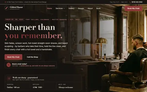 Barbershop website example - The Gilded Razor Barbershop demo site, home page