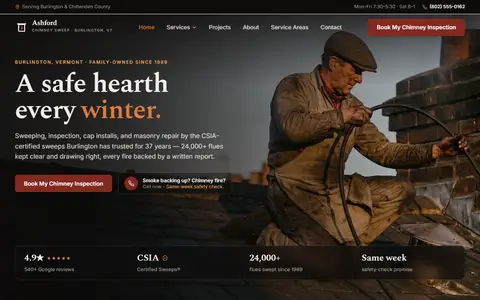 Chimney Sweep & Repair website example - Ashford Chimney & Hearth demo site, home page