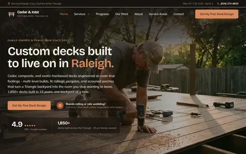 Deck Building website example - Cedar & Joist Decks demo site, home page
