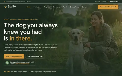 Dog Training website example - Good Dog Academy demo site, home page