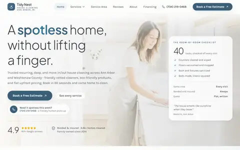 House Cleaning & Maid Service website example - Tidy Nest Cleaning Co. demo site, home page
