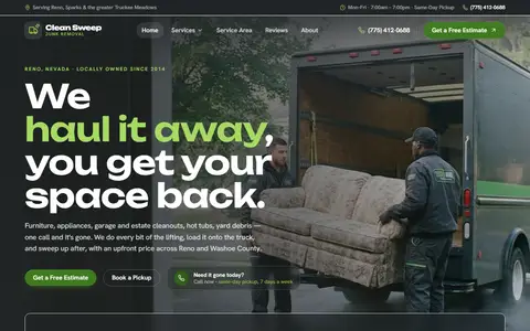 Junk Removal & Hauling website example - Clean Sweep Junk Removal demo site, home page