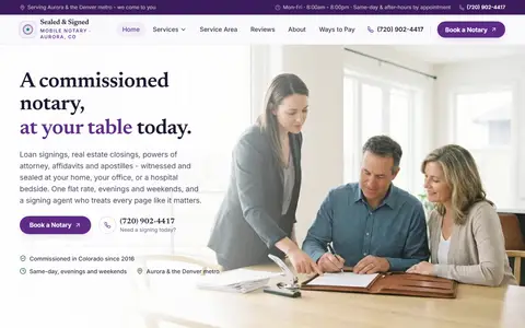 Mobile Notary website example - Sealed & Signed Mobile Notary demo site, home page