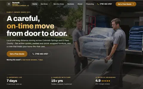 Moving Company website example - Summit Movers demo site, home page