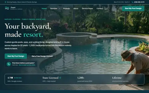 Pool Design & Construction website example - Azure Pools & Spas demo site, home page