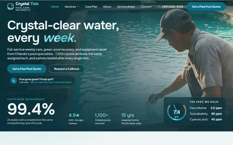 Pool Service & Cleaning website example - Crystal Tide Pool Care demo site, home page