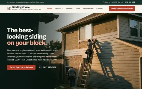 Siding website example - Sterling & Vale Exteriors demo site, home page