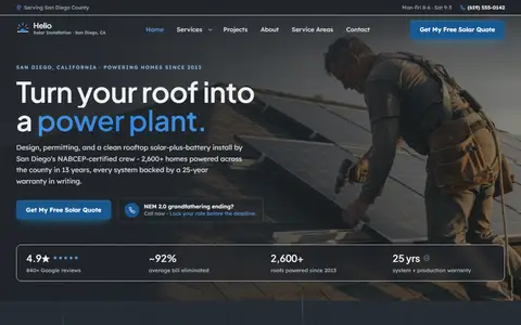 Solar Panel Installation website example - Helio Solar Co. demo site, home page