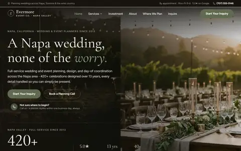 Wedding & Event Planning website example - Evermore Event Co. demo site, home page