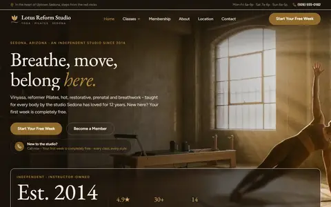 Yoga & Pilates Studio website example - Lotus Reform Studio demo site, home page