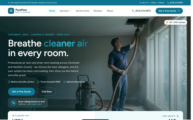Air Duct & Dryer Vent Cleaning website example - PureFlow Duct Cleaning home page