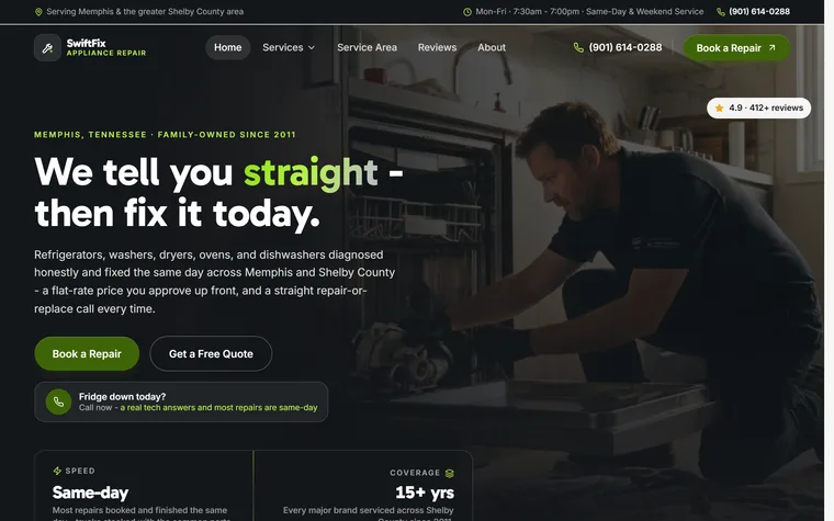 Appliance Repair website example - SwiftFix Appliance Repair home page