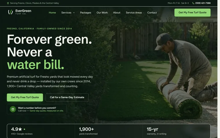 Artificial Turf Installation website example - EverGreen Turf Co. home page