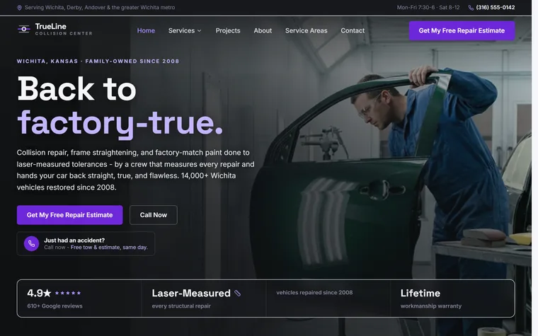 Auto Body & Collision Repair website example - TrueLine Collision Center home page