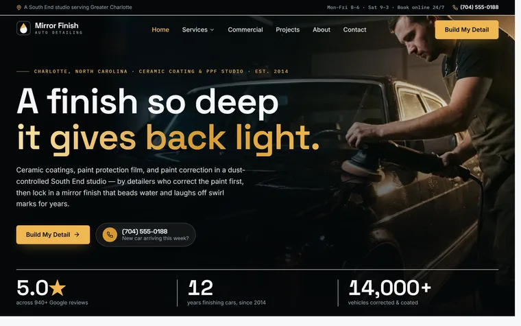 Auto Detailing (Ceramic & PPF) website example - Mirror Finish Auto Detailing home page