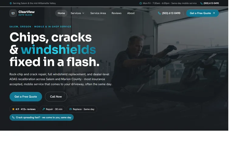 Auto Glass & Windshield Repair website example - ClearView Auto Glass home page