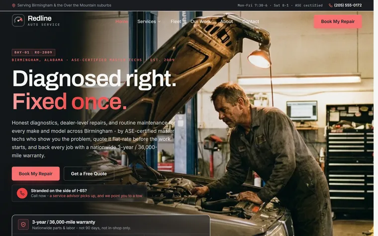 Auto Repair & Mechanic website example - Redline Auto Service home page
