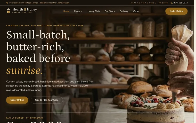 Bakery website example - Hearth & Honey Bakery home page