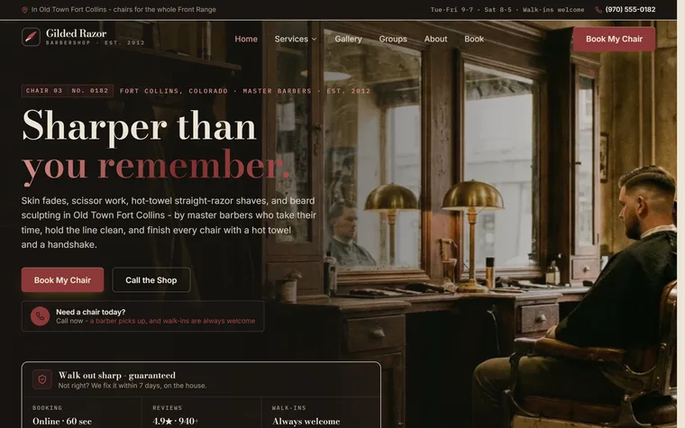 Barbershop website example - The Gilded Razor Barbershop home page