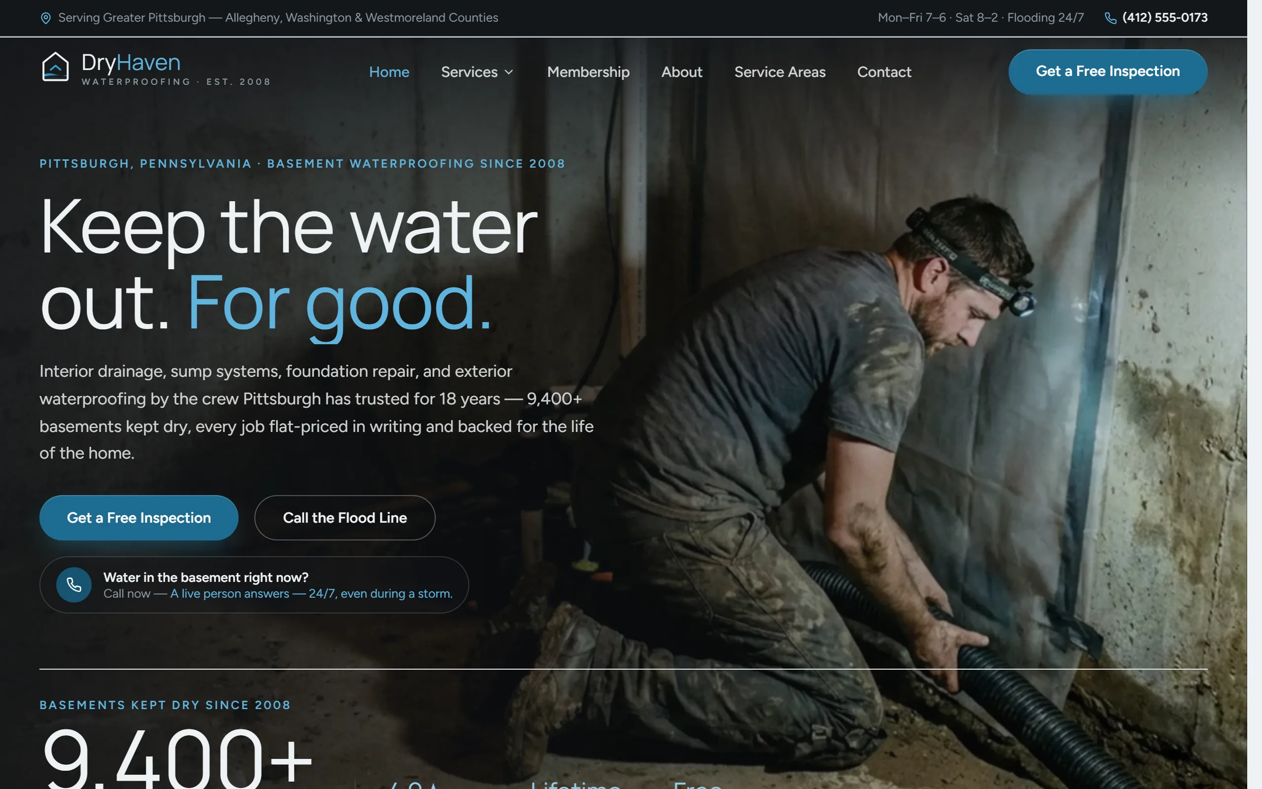 Basement Waterproofing website example - DryHaven Waterproofing home page