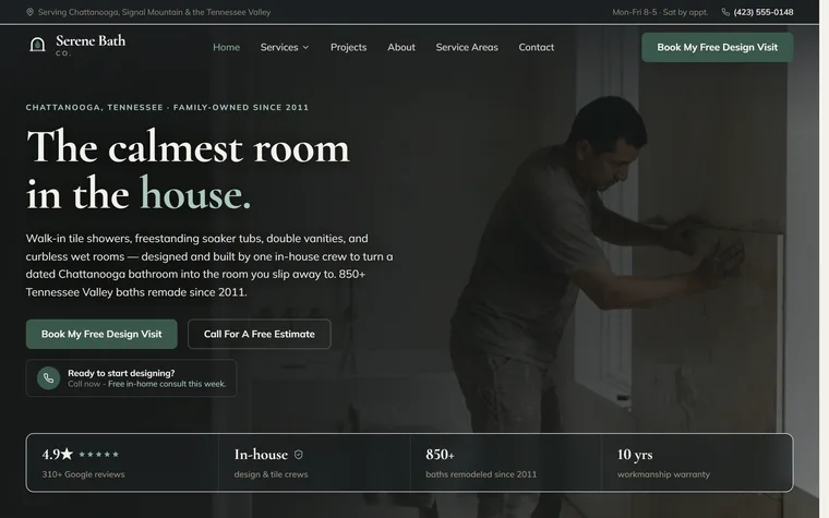 Bathroom Remodeling website example - Serene Bath Co. home page