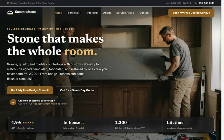 Countertops & Cabinetry website example - Summit Stone & Cabinetry home page