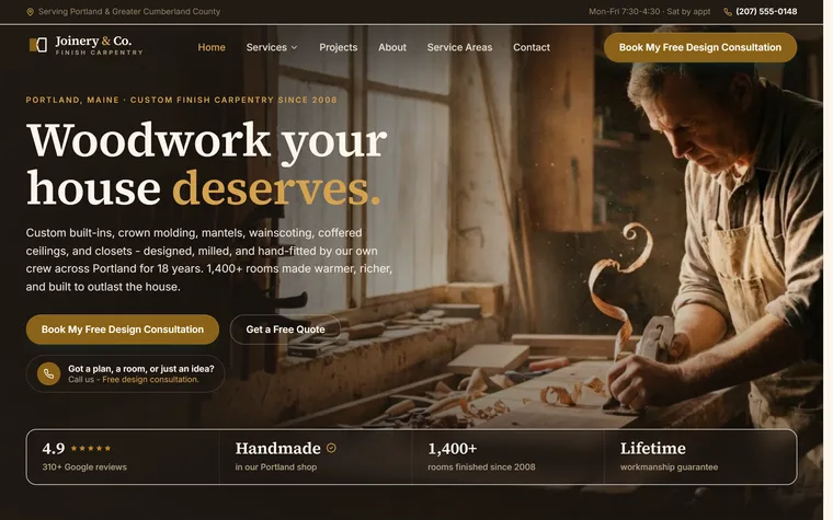 Finish Carpentry & Custom Woodwork website example - Joinery & Co. Finish Carpentry home page