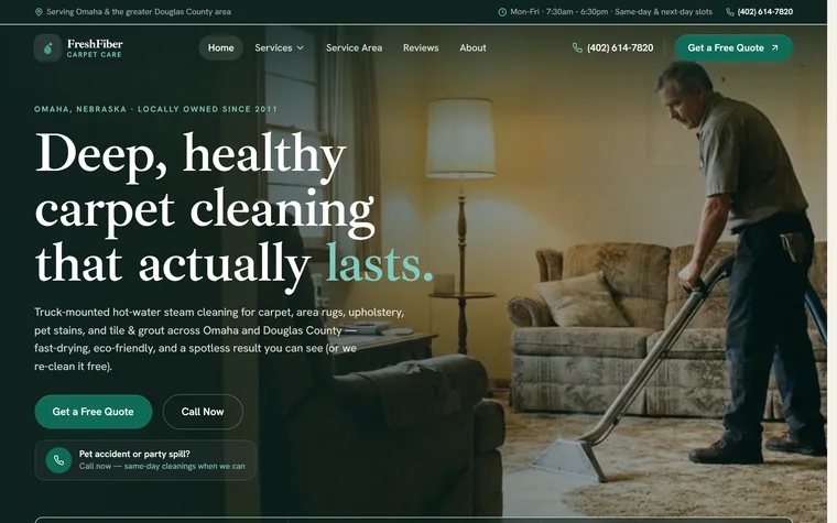 Carpet & Upholstery Cleaning website example - FreshFiber Carpet Care home page