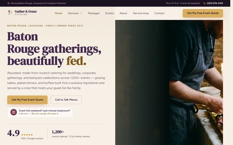 Catering website example - Gather & Graze Catering home page