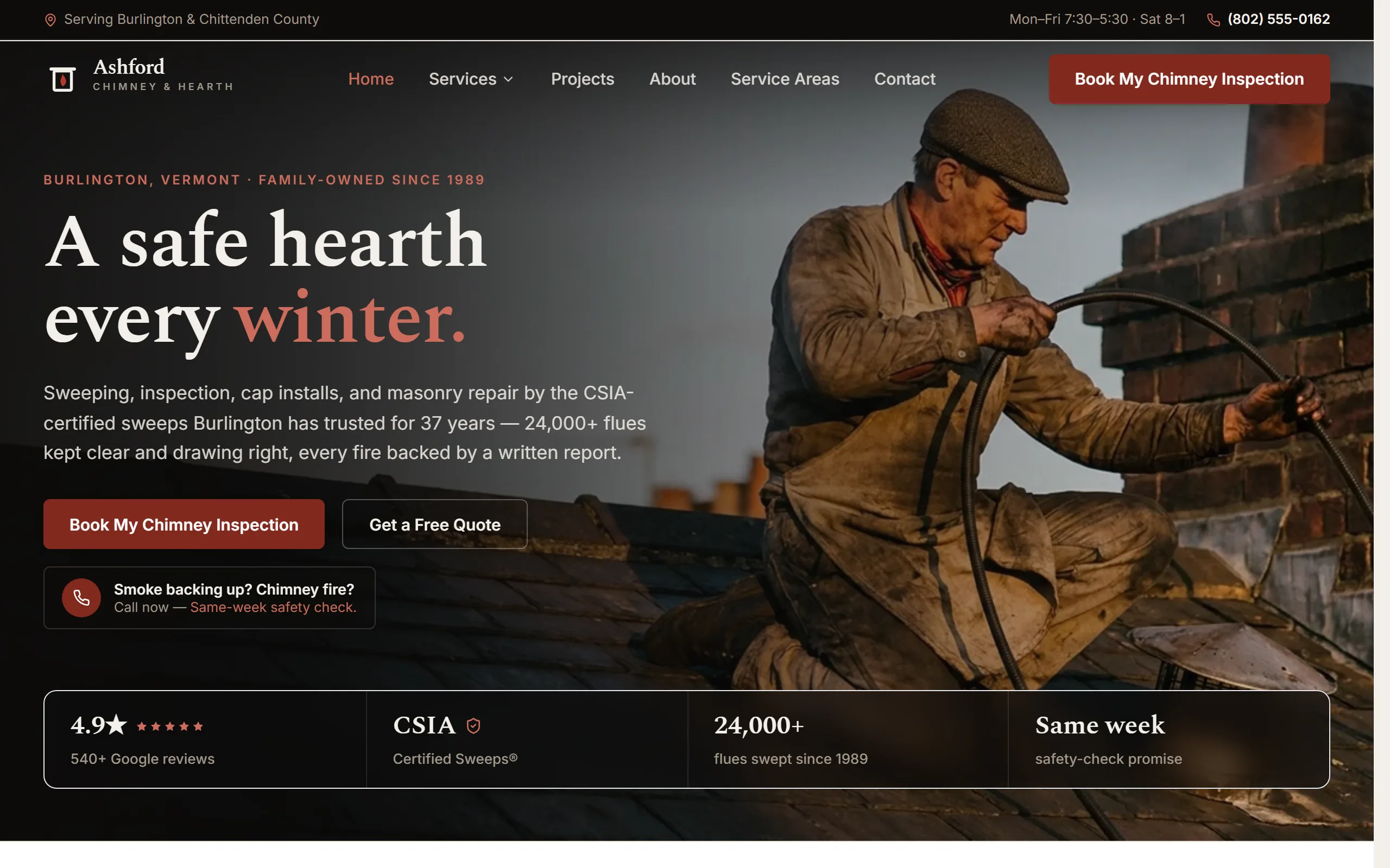 Chimney Sweep & Repair website example - Ashford Chimney & Hearth home page