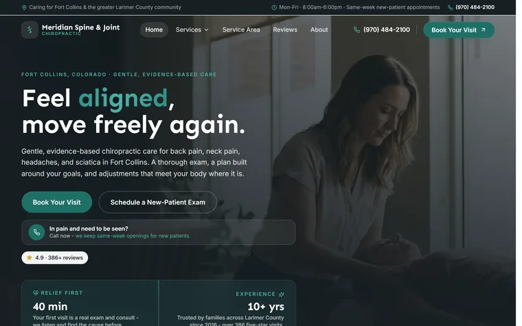 Chiropractic Clinic website example - Meridian Spine & Joint home page