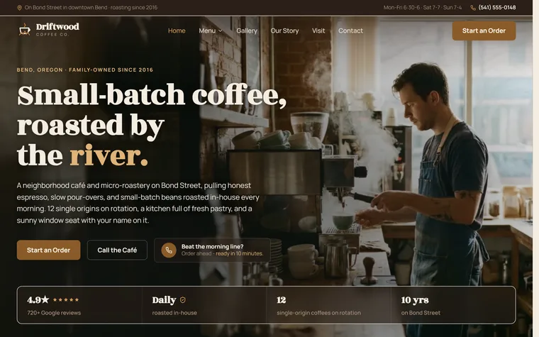 Coffee Shop website example - Driftwood Coffee Co. home page