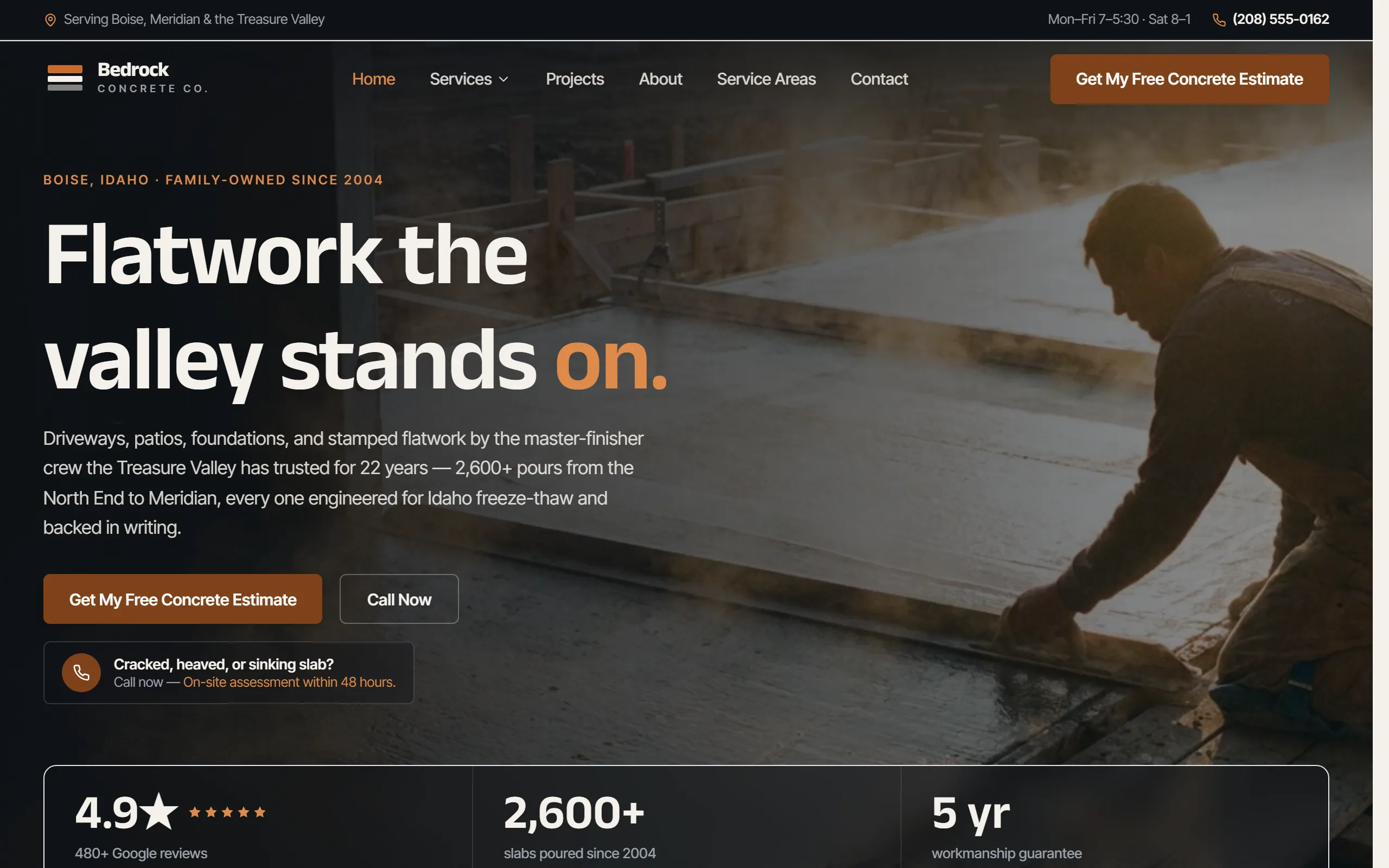 Concrete Contractor website example - Bedrock Concrete Co. home page