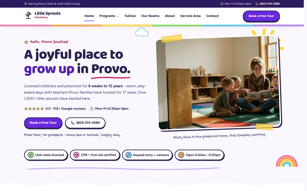 Daycare website example - Little Sprouts Academy home page