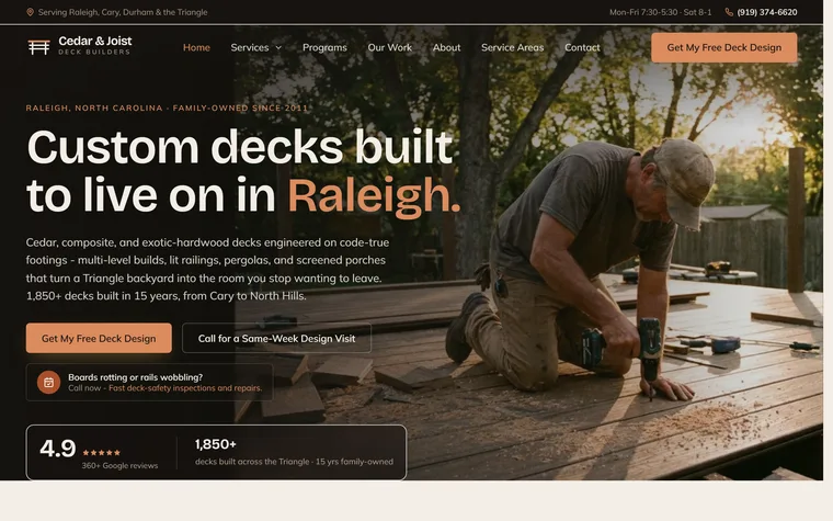 Deck Building website example - Cedar & Joist Decks home page