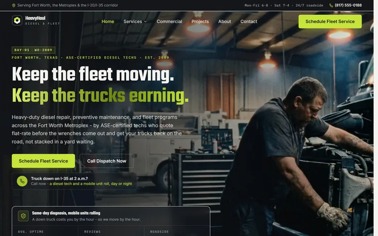 Diesel & Fleet Repair website example - HeavyHaul Diesel & Fleet home page