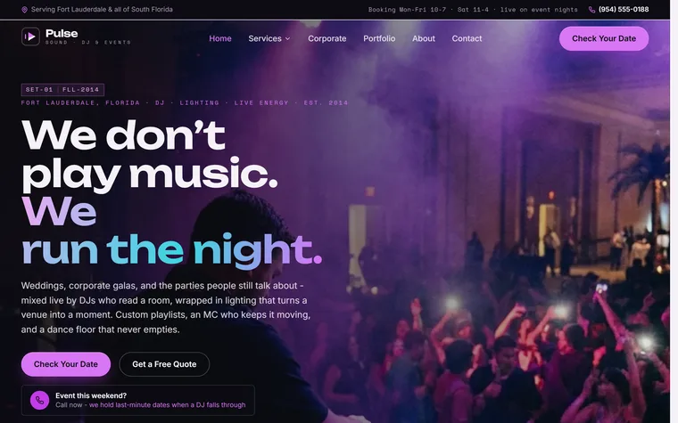 DJ & Event Entertainment website example - Pulse Sound DJ & Events home page