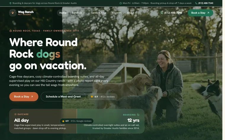 Dog Boarding & Daycare website example - Wag Ranch Pet Resort home page