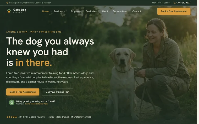Dog Training website example - Good Dog Academy home page
