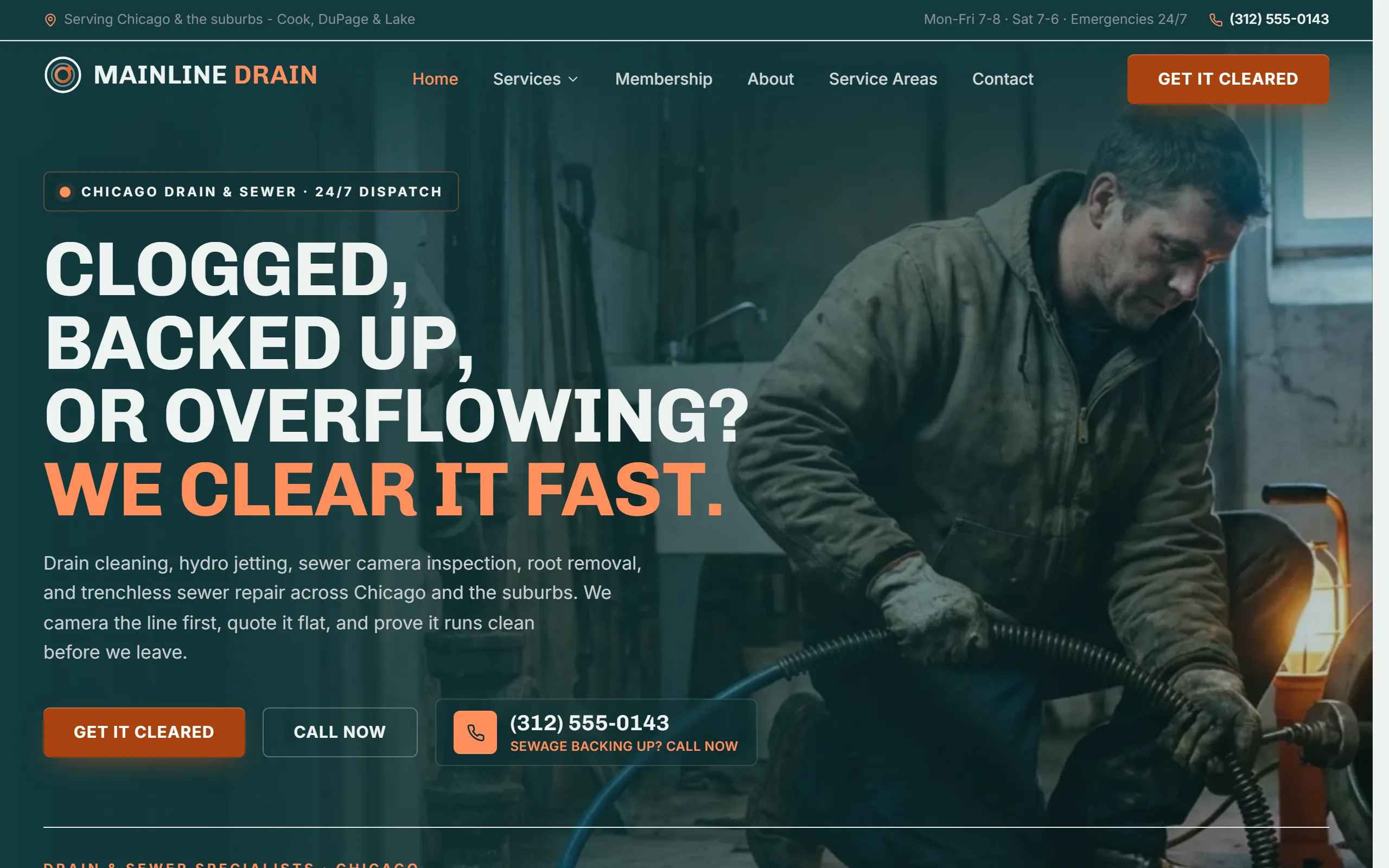 Drain Cleaning & Sewer website example - Mainline Drain & Sewer home page