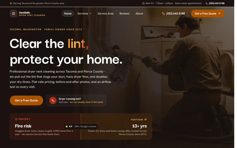 Dryer Vent Cleaning website example - VentSafe Dryer Vent Cleaning home page