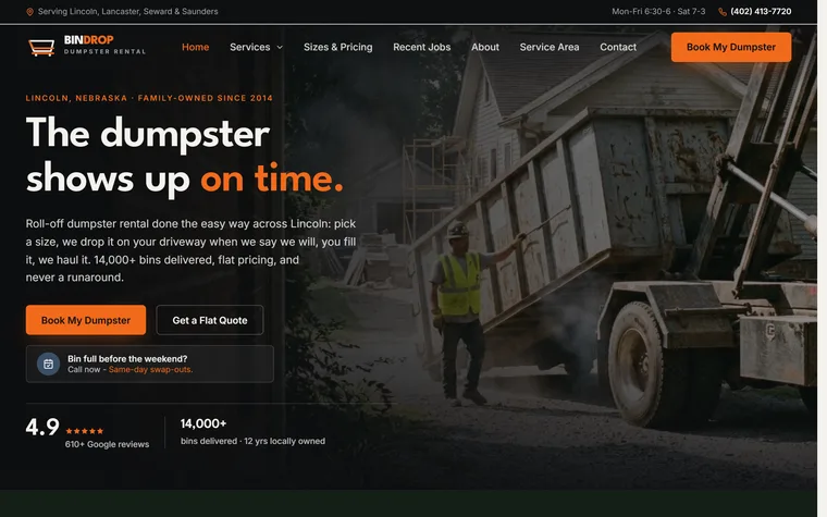 Dumpster Rental website example - BinDrop Dumpster Rental home page