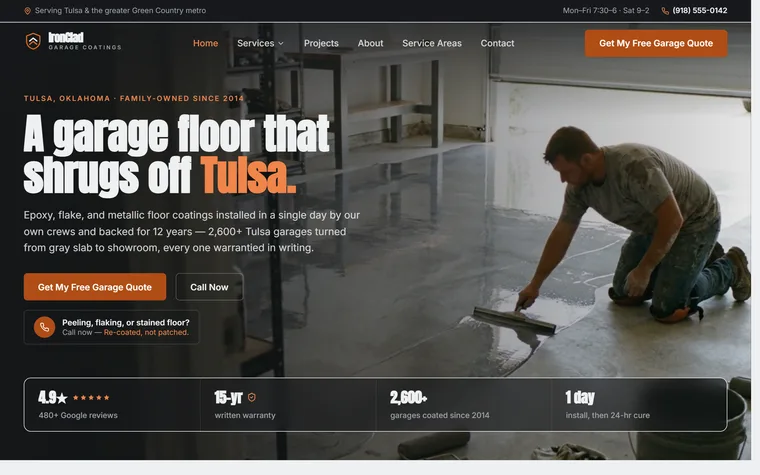 Epoxy & Garage Floor Coating website example - IronClad Garage Coatings home page