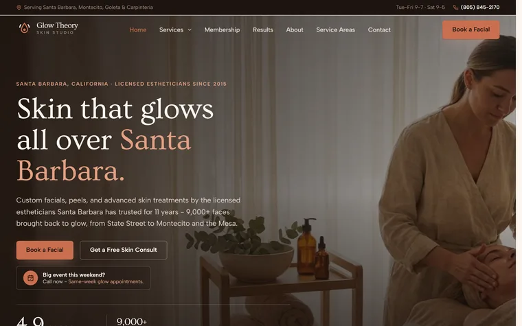 Skincare & Facials website example - Glow Theory Skin Studio home page