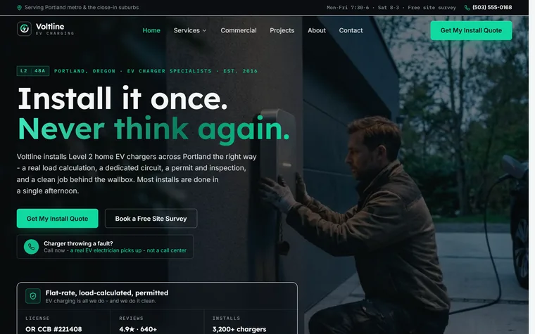 EV Charger Installation website example - Voltline EV Charging home page