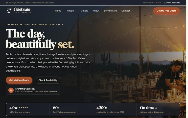 Event & Party Rentals website example - Celebrate Event Rentals home page